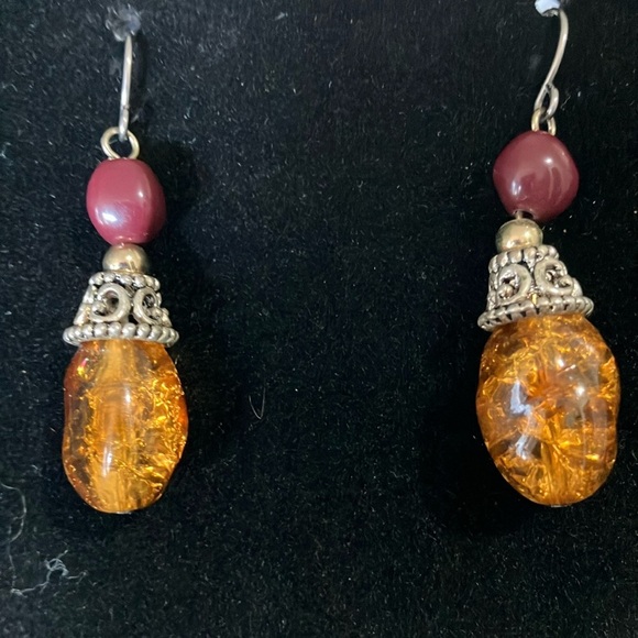 Hand Crafted Jewelry - NWOT Handmade silver earrings with amber and purple stones.  Pierced. 1.75”